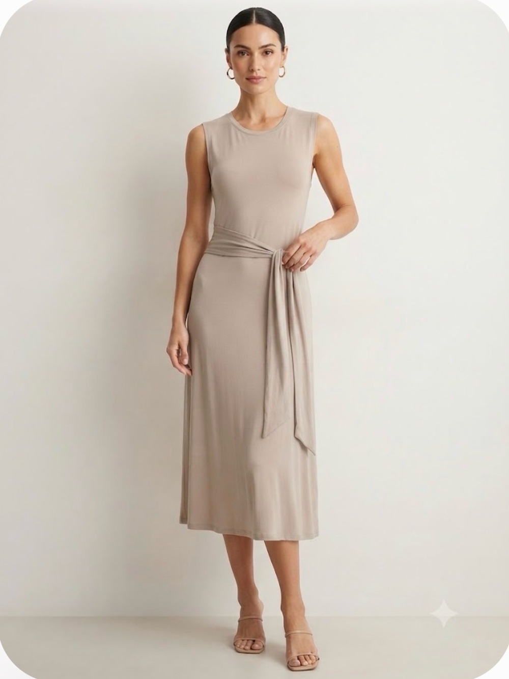 NWT Tristan Sleeveless Tie-Waist Midi Dress in Taupe